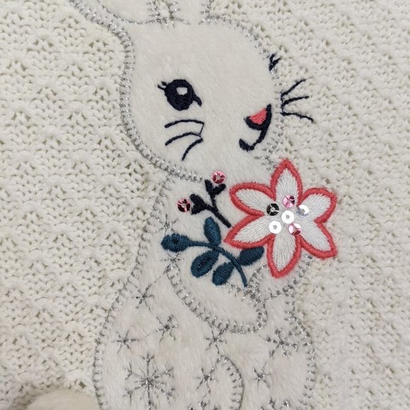 Girls Knit White and Blue Dress with Embroidered bunny and pompom - Picture 5 of 14